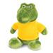 A green crocodile plush toy wearing a yellow shirt, with round eyes and a soft, cuddly appearance. A green crocodile plush toy wearing a yellow shirt, with round eyes and a soft, cuddly appearance.