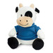 A plush cow toy with black and white fur, wearing a blue shirt. It has a smiling face and black hooves.