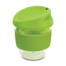 A drink bottle made of transparent Tritan with a green silicone lid and sleeve, featuring a logo. A drink bottle made of transparent Tritan with a green silicone lid and sleeve, featuring a logo.