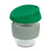 A drink bottle made of transparent Tritan with a green lid and grey silicone sleeve. Features a logo. A drink bottle made of transparent Tritan with a green lid and grey silicone sleeve. Features a logo.