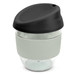A drink bottle featuring a clear body with a grey silicone band and a black lid. It has a logo.