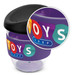 A drink bottle featuring a clear body with a black lid and purple silicone sleeve, decorated with multi-coloured circles.