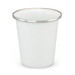 A white enamel tumbler with a silver rim, designed for drinkware use. It features a simple and sleek design. A white enamel tumbler with a silver rim, designed for drinkware use. It features a simple and sleek design.