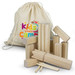 A wooden Kubb game set with natural light-coloured blocks and a drawstring bag featuring a colourful logo. A wooden Kubb game set with natural light-coloured blocks and a drawstring bag featuring a colourful logo.