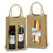 A jute double wine carrier in natural brown, featuring two wine bottles and a printed design on one side.