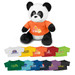 A panda plush toy with a white and black fur, wearing an orange shirt. It has various colourful shirts displayed below.