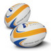 A rugby league ball featuring a white body with blue and orange accents, alongside a branding logo. A rugby league ball featuring a white body with blue and orange accents, alongside a branding logo.