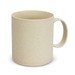 A coffee mug in a speckled beige colour with a sturdy handle. The mug features a logo on one side.