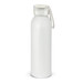 A drink bottle in a sleek white design with a clear cap and a removable strap. It features a logo on the side.