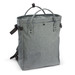 A grey tote backpack with handles, adjustable straps, and a textured fabric design. It features a logo on the front.