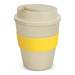 A drink bottle resembling a coffee cup, in natural tones with a yellow silicone band and lid. Features a logo.
