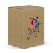 A gift box with a decorative design featuring colourful elements and a black ribbon on a brown cardboard background.