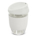 A drink bottle made of clear borosilicate glass with a white silicone sleeve and lid, featuring a logo.