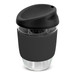 A drink bottle made of clear borosilicate glass with a black silicone sleeve and lid, featuring a sleek design.