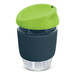 A drink bottle made from borosilicate glass, featuring a green silicone lid and navy blue sleeve. A drink bottle made from borosilicate glass, featuring a green silicone lid and navy blue sleeve.