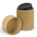 A drink bottle in a black lid design, presented in a circular kraft paper container.