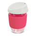 A drink bottle made of borosilicate glass, featuring a pink silicone sleeve and a white lid. It has a logo.