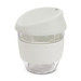 A drink bottle made of borosilicate glass, featuring a light grey silicone sleeve and lid. It has a sleek design.