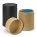 Three cylindrical containers in black and brown, one with a blue lid, designed for packaging a product.