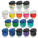 A collection of reusable coffee cups in various colours and styles, featuring lids and some with logos.