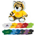 A plush toy tiger with orange and black stripes, wearing a yellow shirt featuring a logo.