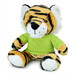 A plush tiger toy with orange and black stripes, wearing a green shirt and featuring a friendly expression.