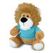 A lion plush toy with a fluffy mane, wearing a turquoise shirt, in a seated position. The toy features soft, tan fur and white paws.