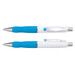 A metal pen with a white barrel and blue grip, featuring a silver clip and tip, alongside another pen in a similar design.