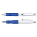 A metal pen with a white barrel and blue accents, featuring a clip and a logo. A metal pen with a white barrel and blue accents, featuring a clip and a logo.