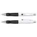 A metal pen with a white barrel and black grip, featuring a silver clip and accents. It includes a logo. A metal pen with a white barrel and black grip, featuring a silver clip and accents. It includes a logo.