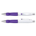 A metal pen with a white barrel and purple accents, featuring a clip and rubber grip. It has a logo on the barrel.