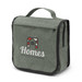 A green toiletry bag with a fold-over flap, featuring a logo on the front and side zippered pockets. A green toiletry bag with a fold-over flap, featuring a logo on the front and side zippered pockets.