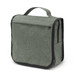 A green toiletry bag with a top handle, featuring a zippered pocket and a textured fabric design. A green toiletry bag with a top handle, featuring a zippered pocket and a textured fabric design.