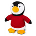 A plush penguin toy with a black and white body, yellow feet, and a red shirt. It has a cute, smiling face and a small logo.
