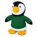 A plush penguin toy with a green shirt, featuring black and white fur and bright orange feet and beak.