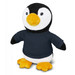 A plush penguin toy with black and white fur, an orange beak, and a navy blue shirt. It has a logo on its shirt.