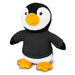 A plush penguin toy with black and white fur, orange beak and feet, wearing a black shirt.
