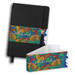A black notebook with a colourful patterned band and a matching envelope. It features a zipper and a bookmark. A black notebook with a colourful patterned band and a matching envelope. It features a zipper and a bookmark.