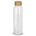 A drink bottle with a clear glass body and a bamboo lid, featuring a simple, elegant design. A drink bottle with a clear glass body and a bamboo lid, featuring a simple, elegant design.