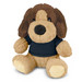 A brown and tan plush dog toy wearing a dark blue T-shirt, featuring soft textured fur and a friendly expression.