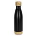 A drink bottle featuring a sleek black design with a bamboo base and wooden lid.