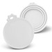 Two white silicone reusable can lids, one positioned above the other, featuring a decorative handle. Two white silicone reusable can lids, one positioned above the other, featuring a decorative handle.