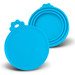 A blue silicone reusable can lid, featuring a circular design with a raised handle, displayed in two sizes. A blue silicone reusable can lid, featuring a circular design with a raised handle, displayed in two sizes.