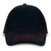 A black cap with red stitching, featuring a curved brim and a logo on the front. A black cap with red stitching, featuring a curved brim and a logo on the front.
