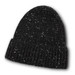 A black beanie with a speckled design and a rolled cuff, featuring a logo on one side.