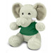 A soft grey elephant plush toy wearing a green shirt, featuring large ears and a friendly expression.