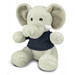 A grey elephant plush toy wearing a dark blue shirt, featuring large ears and a friendly expression.