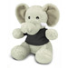 A soft grey elephant plush toy wearing a black shirt, featuring large ears and a friendly expression.