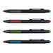 A set of four stylus pens in black with grey, red, green, and blue accents, each featuring a logo. A set of four stylus pens in black with grey, red, green, and blue accents, each featuring a logo.