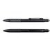 A stylus pen in black with a textured grip and a smooth finish, featuring a logo. A stylus pen in black with a textured grip and a smooth finish, featuring a logo.
